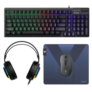 Pack gaming filaire 4-en-1 Rapoo V125S - Clavier, souris, casque et tapis